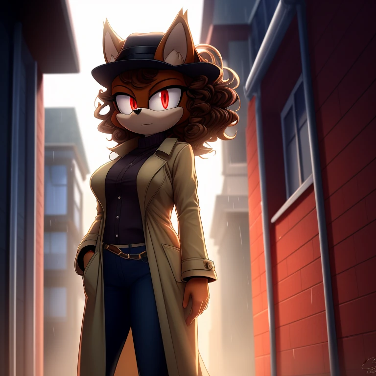 mobian, hedgehog, two-tone fur ((orange fur, brown fur)), breasts, hat, trenchcoat, open coat, hand in pocket, alleyway, wind, raining, dutch angle three-quarter portrait, background character, silhouette, two-tone hair (brown hair, black tip)), curly hair, halo, jewelry, red eyes, longeyelashes, glowing red eyes, serious face, high detail, masterpiece, UHD, anatomically correct, super detail, highres, 4K