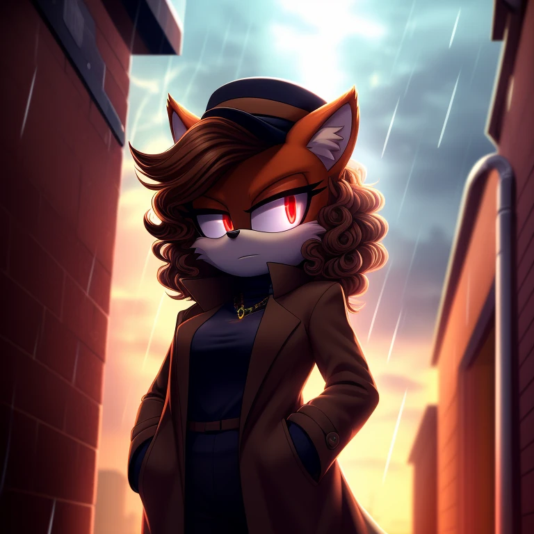 mobian, hedgehog, two-tone fur ((orange fur, brown fur)), breasts, hat, trenchcoat, open coat, hand in pocket, alleyway, wind, raining, dutch angle three-quarter portrait, background character, silhouette, two-tone hair (brown hair, black tip)), curly hair, halo, jewelry, red eyes, longeyelashes, glowing red eyes, serious face, high detail, masterpiece, UHD, anatomically correct, super detail, highres, 4K
