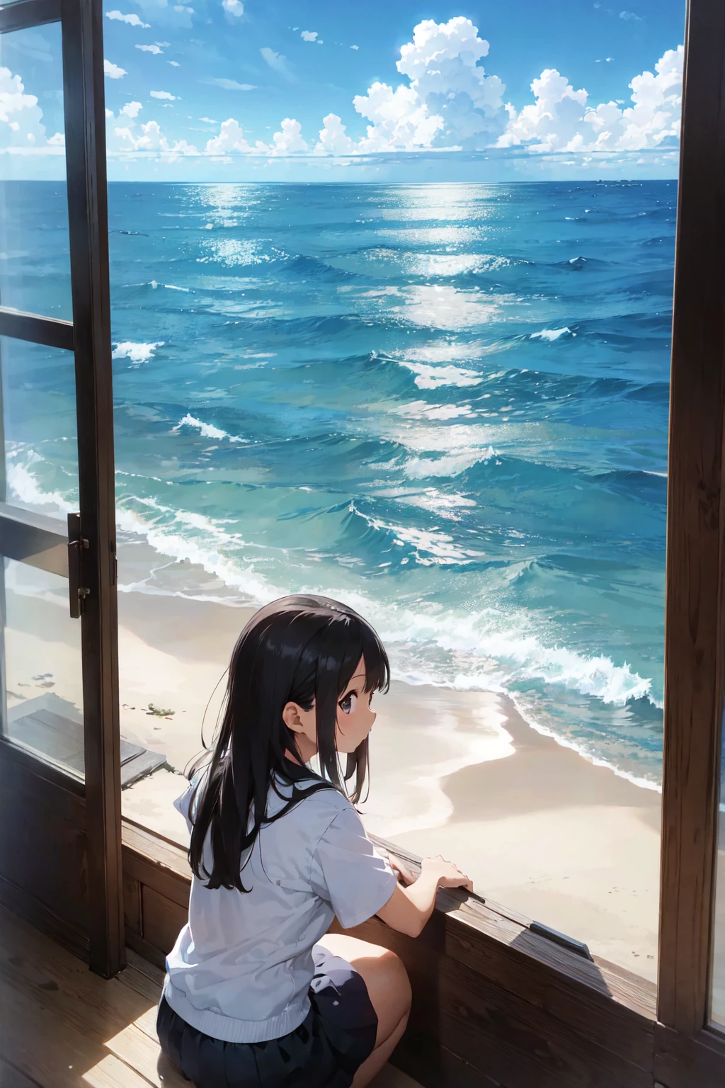 (青いOcean上にポツンと浮かぶ小屋:1.2), panoramic, Vision, Calm day, Detailed Clouds, Ocean, Calm waves, (Girl sitting on the roof:0.6)