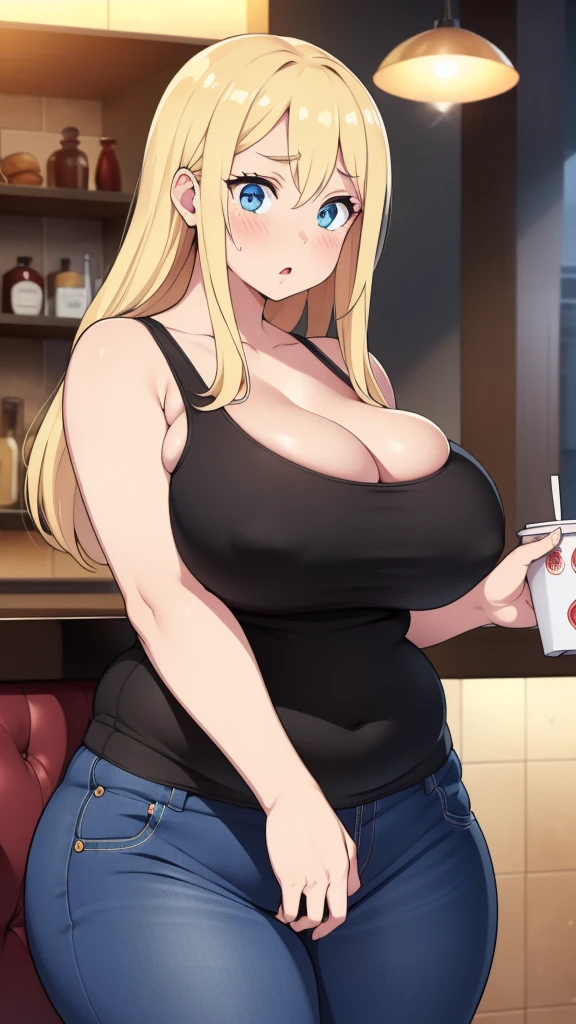 ((Masterpiece)), perfect anatomy, perfect shading, field of depth, (best quality), extremely delicate and beautiful, perfect lighting, detailed face, ultra cute face, cute, (1girl), (solo),
long fluffy blonde hair, blue eyes, ((blush)), nervous, looking at viewer, tank top, jeans, cleavage, large breasts, ((thick thighs)), (wide hips), fat ass, chubby,
intricate background, detailed background, fast food restaurant, standing,