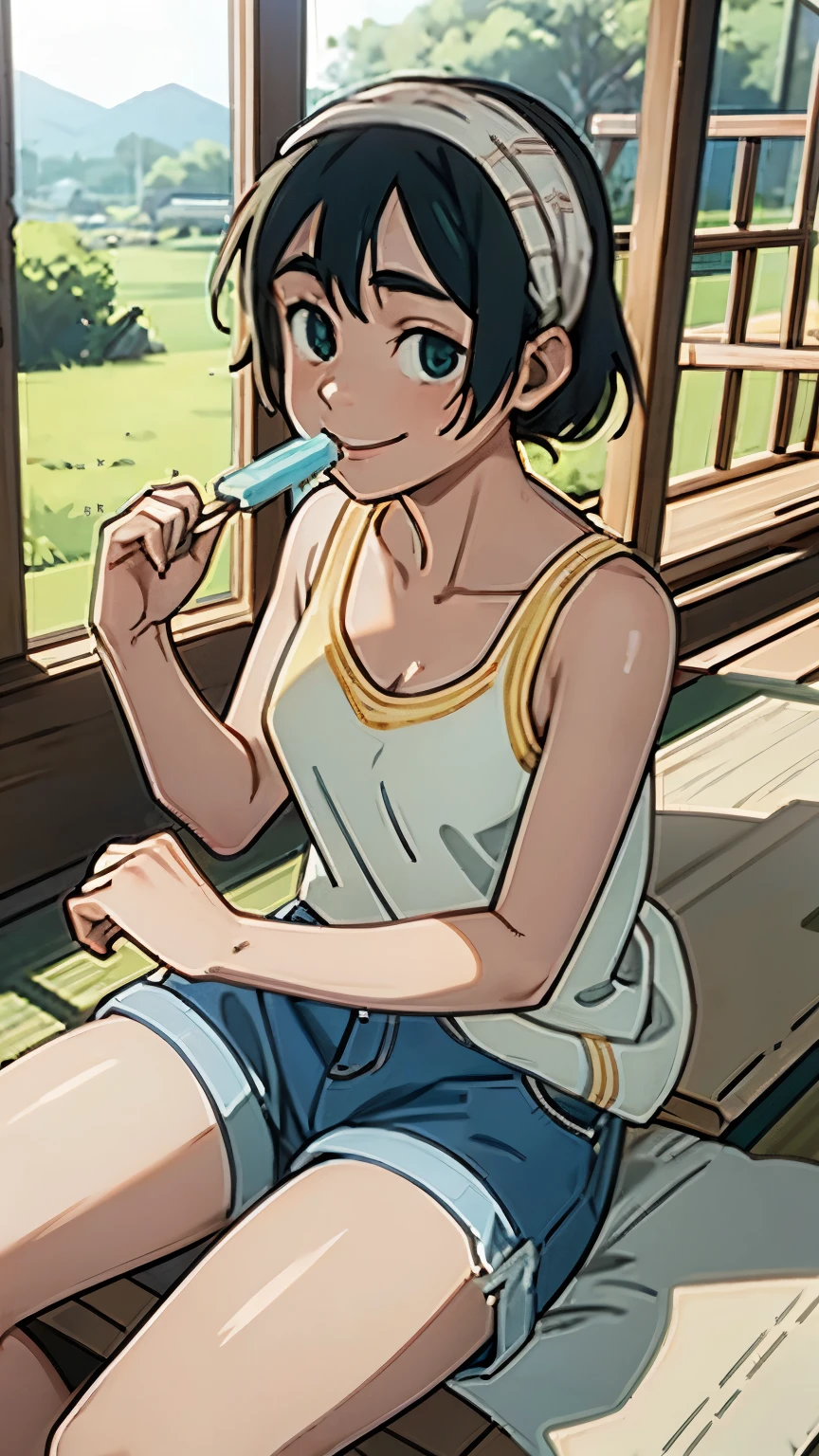 1 girl, alone, ppka, black fur, short hair, messy fur, Ahoge, parts, parts por todo el cuerpo, grey eyes, blind, cute smile looking at the viewer, embarrassed look,
fan, Popsicle,
sitting, sitting in front of the fan, wind in the face, comiendo Popsicle,
sleeveless shirt, tank top, sports mini shorts, visible panties, mint green panties, thigh high socks