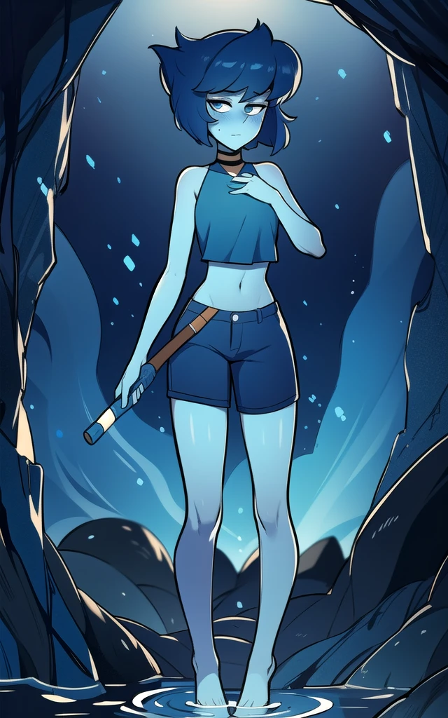 8k, highres, (masterpiece:1.2), (best quality:1.2), ultra-detailed, (an extremely delicate and beautiful), intricate , beautiful eyes,1girl,female, solo, ((blue skin)), blue eyes, colored skin, lapis lazuli \(steven universe\), sulapislazuli, ((short hair)),standing, full body,  cowboy shot, ((blue crop top)), skirt,barefoot, water,blue  shorts, bare shoulders , sleeveless , neckline, she is stuck in the black tar pit sinking deep reach her upper chest struggles looking at the viewers looks scared and blushing and feeling sexy 
