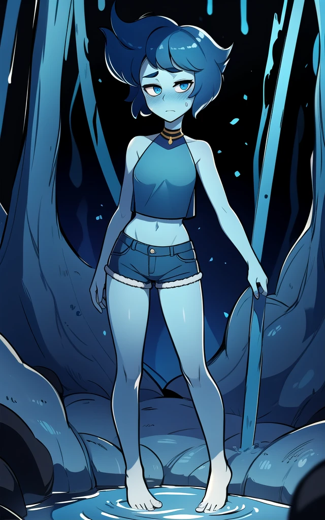 8k, highres, (masterpiece:1.2), (best quality:1.2), ultra-detailed, (an extremely delicate and beautiful), intricate , beautiful eyes,1girl,female, solo, ((blue skin)), blue eyes, colored skin, lapis lazuli \(steven universe\), sulapislazuli, ((short hair)),standing, full body, cowboy shot, ((blue crop top)), skirt,barefoot, water,blue shorts, bare shoulders , sleeveless , neckline, she is stuck in the black tar pit sinking deep reach her upper chest struggles looking at the viewers looks scared and blushing and feeling sexy