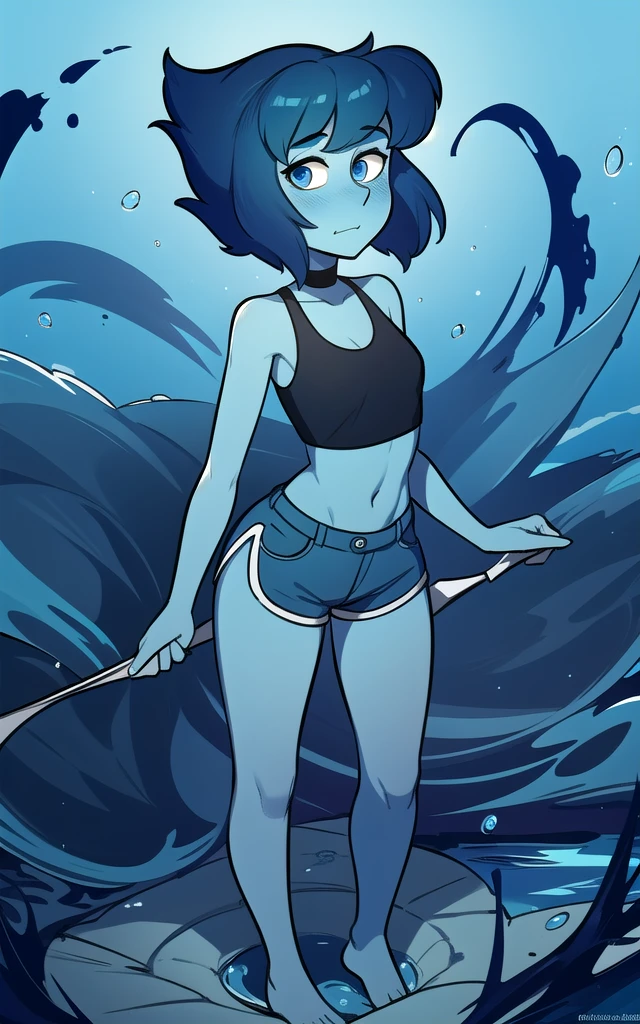 8k, highres, (masterpiece:1.2), (best quality:1.2), ultra-detailed, (an extremely delicate and beautiful), intricate , beautiful eyes,1girl,female, solo, ((blue skin)), blue eyes, colored skin, lapis lazuli \(steven universe\), sulapislazuli, ((short hair)),standing, full body,  cowboy shot, ((blue crop top)), skirt,barefoot, water,blue  shorts, bare shoulders , sleeveless , neckline, she is stuck in the black tar pit sinking deep reach her upper chest struggles looking at the viewers looks scared and blushing and feeling sexy 