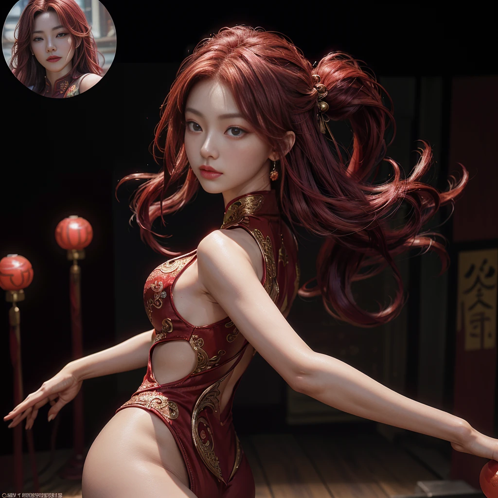 (NSFW), (Highest quality, Movie Poster Style), Gorgeous woman (One eye adorned with a brilliant red gemstone: 1.2), (Mastery of Chinese calligraphy: 1.1), A harmonious blend of alluring mystique and timeless elegance. A single ruby-red orb shines brightly, casting an enchanting glow over her ethereal visage. (Long, cascading red hair: 1.3), The intricate curves of Chinese characters dance gracefully across her back, whispering tales of mystery and allure. (Realistic, luminous skin: 1.3), Her mesmerizing beauty is
