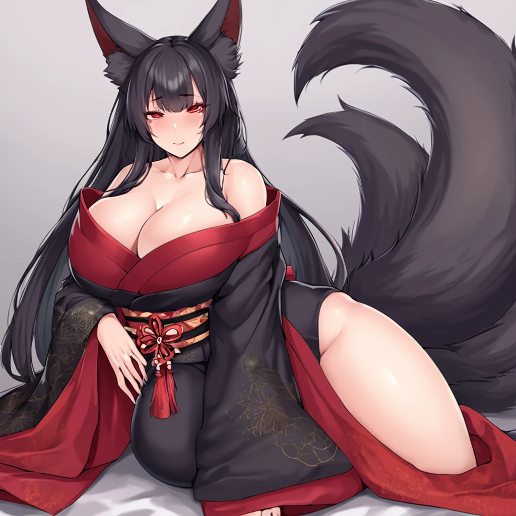 Beautiful black Kitsune, red eyes, highly detailed face, highly detailed eyes, big breasts, sexy figure, mature woman, several black kitsune tails, soft long Black Kitsune ears, Wearing red and black open shoulders kimono, wide waist
