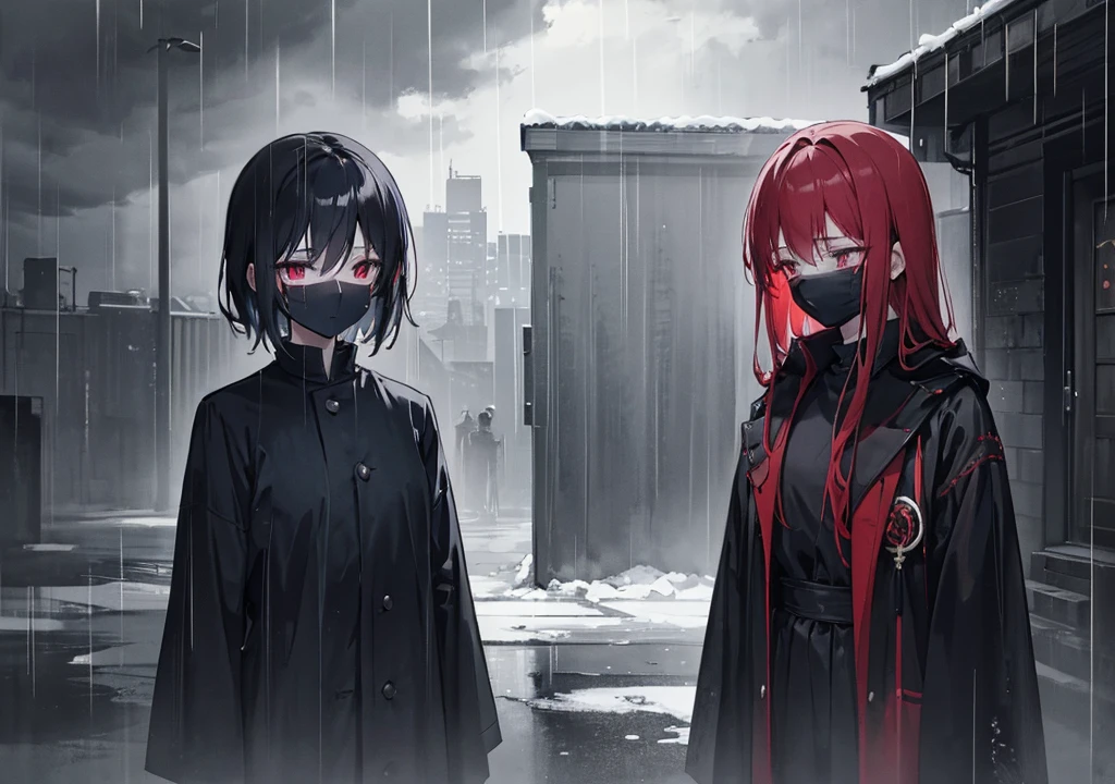 "Create an anime-style image that captures the emotional depth and contrasting themes of the song. The scene should feature a dark, rainy urban environment with deep shadows and muted colors. In the foreground, a character with visible red scars on their wrists stands in a contemplative pose, half-hidden in the shadows. Their face is partially obscured by a mask, symbolizing the duality of their public facade and private pain. Surrounding them, incorporate subtle, moody lighting and rain effects to evoke a sense of inner turmoil and silent screams. The overall aesthetic should blend traditional anime art with a melancholic and dark, yet visually striking atmosphere."
