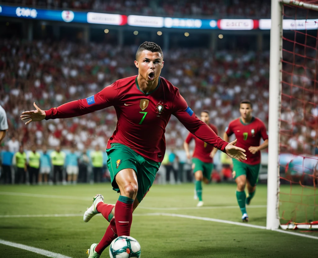 Cinematic portrait photo of Ronaldo scoring for Portugal, european soccer, depth of field, bokeh, sports photography, Action packed moment, dynamic, Intense competition, exciting movement, showing skill, transmitting energy, adrenaline-charged images, immersive experience, tell stories through action, dramatic composition, showing passion, capturing decisive moments, vibrant colors, dynamic composition, powerful images, Attractive outlook, realist