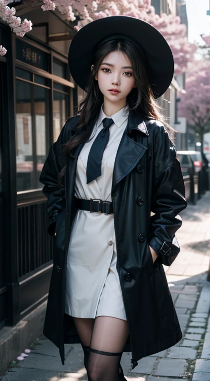 (masterpiece, best quality, 8k, high resolution, incredibly absurdres, facelight, detailed face, raw photo, studio light, depth of field ), female ( asian girl, dynamic angle, stand against the tree/under tree, wears a black trench coat with white dress, black thigh-high socks, black floppy hat, neck tie scraft ), cowboy shot, background ( blue sky, blossom trees, blossom petals falling, beautiful landscape, stone path ), hand on hip