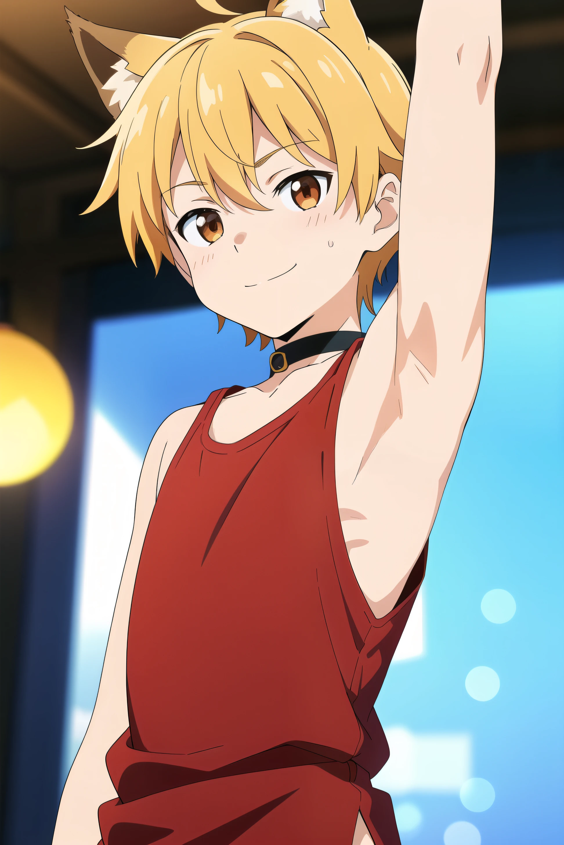 Highres, Masterpiece, Best quality at best,Best Quality,hight quality, hight detailed, Anime style, 1boy, Boy,  boy, Shota, Fox boy, Fox ear, Solo person, Tank top, Choker, soccer, day, Slim body, smile, Body, blurry background, Seen from the front, The armpits of a 12 yeaAdorable little armpits, (Showing armpit:1.3), (very young boy), l and short body), Age 12,Uhd, bokeh
