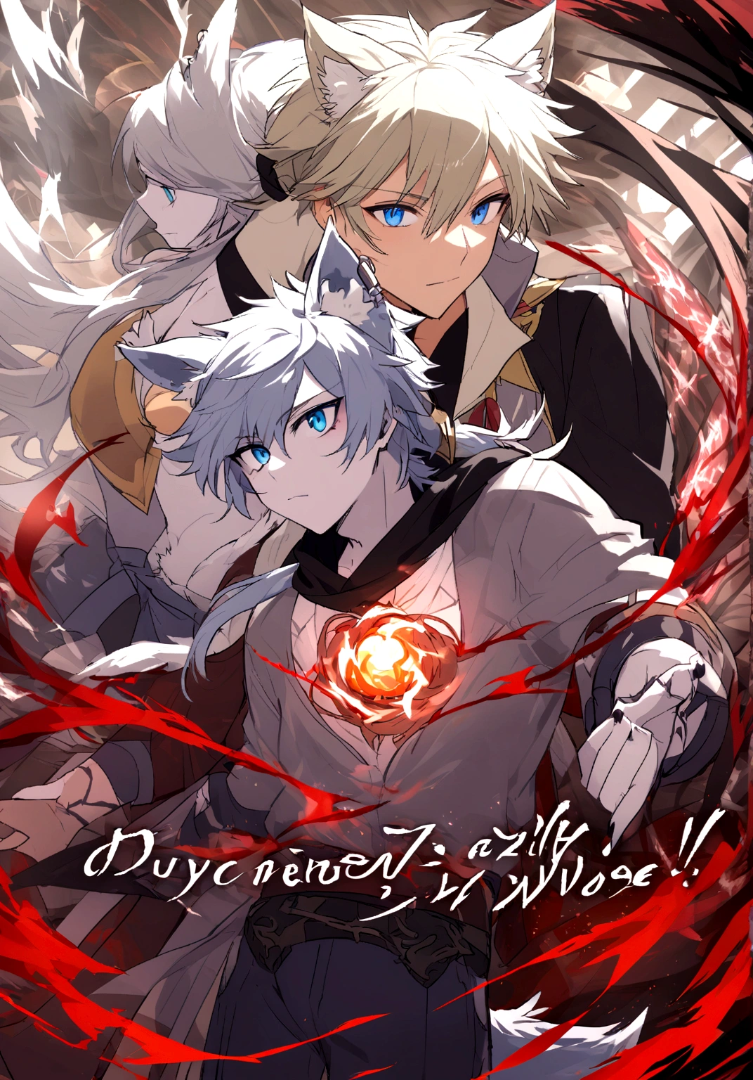 Create a male tabletop RPG character (Dungeons & Dragons) like being a 2D drawing Race: Half-Human Wolf Age: 17-18 years old Appearance: Luminos has hair as white as snow, Piercing blue eyes that shine with a mysterious aura, and a pale skin that contrasts with his wild appearance. He has a slender and athletic physique, with well-defined muscles that denote its agility and strength. Its most striking features are its clear wolf ears and tail., that show their wolf heritage.