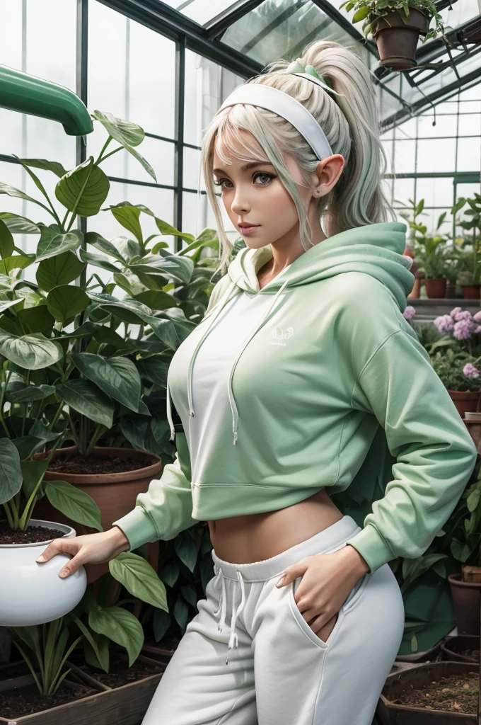 30 year old woman from Saturn, elf ears, thick athletic body, beautiful, cute, green ponytail hair with flower headband, in greenhouse, wearing white hoodie and white sweatpants, watering plants