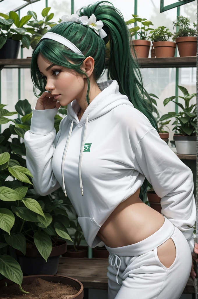 30 year old woman from Saturn, elf ears, thick athletic body, beautiful, cute, green ponytail hair with flower headband, in greenhouse, wearing white hoodie and white sweatpants, watering plants