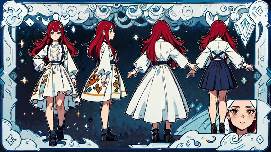 Masterpiece, Highest quality)), Detailed face, character sheets, full body, Full of details, Multiple poses and expressions, front view, side view, backview, character sheet, TurnAround, Highly detailed, Depth, Many parts,the girl with red hair,Thin stature,hair messy,Long hair,Small face,beatiful face, big ,white oversized shirt long sleeve,costume professor , free fall hair long, prince,