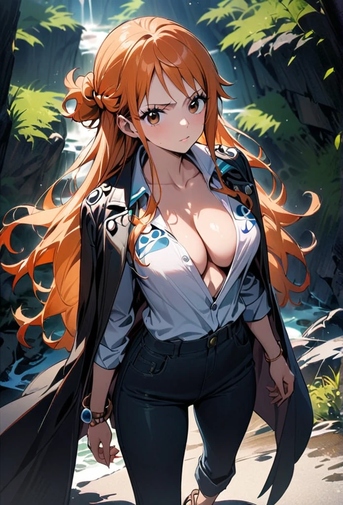 masterpiece, best quality), intricate details, 1 girl, woman, orange hair, nami \ (one piece\),  (long hair), shirt, white shirt, female focus, clothes, collared shirt, pants, cape, black coat, shirt, scar, sandals, pectorals, partially unbuttoned, cleavage, black coat on shoulders, nature, scenery, upper body, straw hat,

((front view)) ((close up shot)) ((solo)) ((Twisted Updo: Long hair twisted))