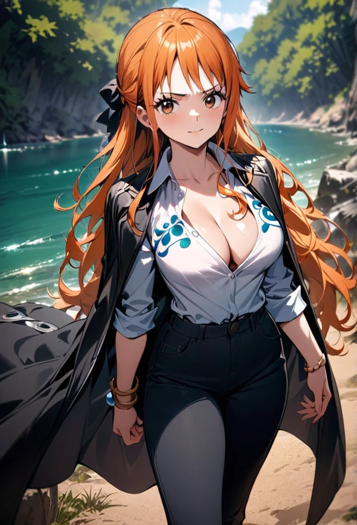 masterpiece, best quality), intricate details, 1 girl, woman, orange hair, nami \ (one piece\),  (long hair), shirt, white shirt, female focus, clothes, collared shirt, pants, cape, black coat, shirt, scar, sandals, pectorals, partially unbuttoned, cleavage, black coat on shoulders, nature, scenery, upper body, straw hat,

((front view)) ((close up shot)) ((solo)) ((Twisted Updo: Long hair twisted))