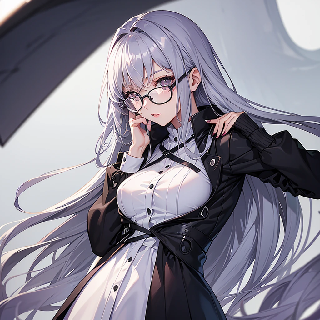 A slim 19-year-old girl with long lavender hair, silver-gray eyes and wears stylish black glasses. her skin is snow white and smooth.