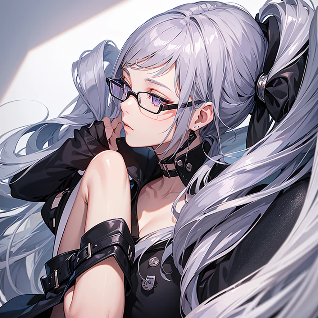 A slim 19-year-old girl with long lavender hair, silver-gray eyes and wears stylish black glasses. her skin is snow white and smooth.