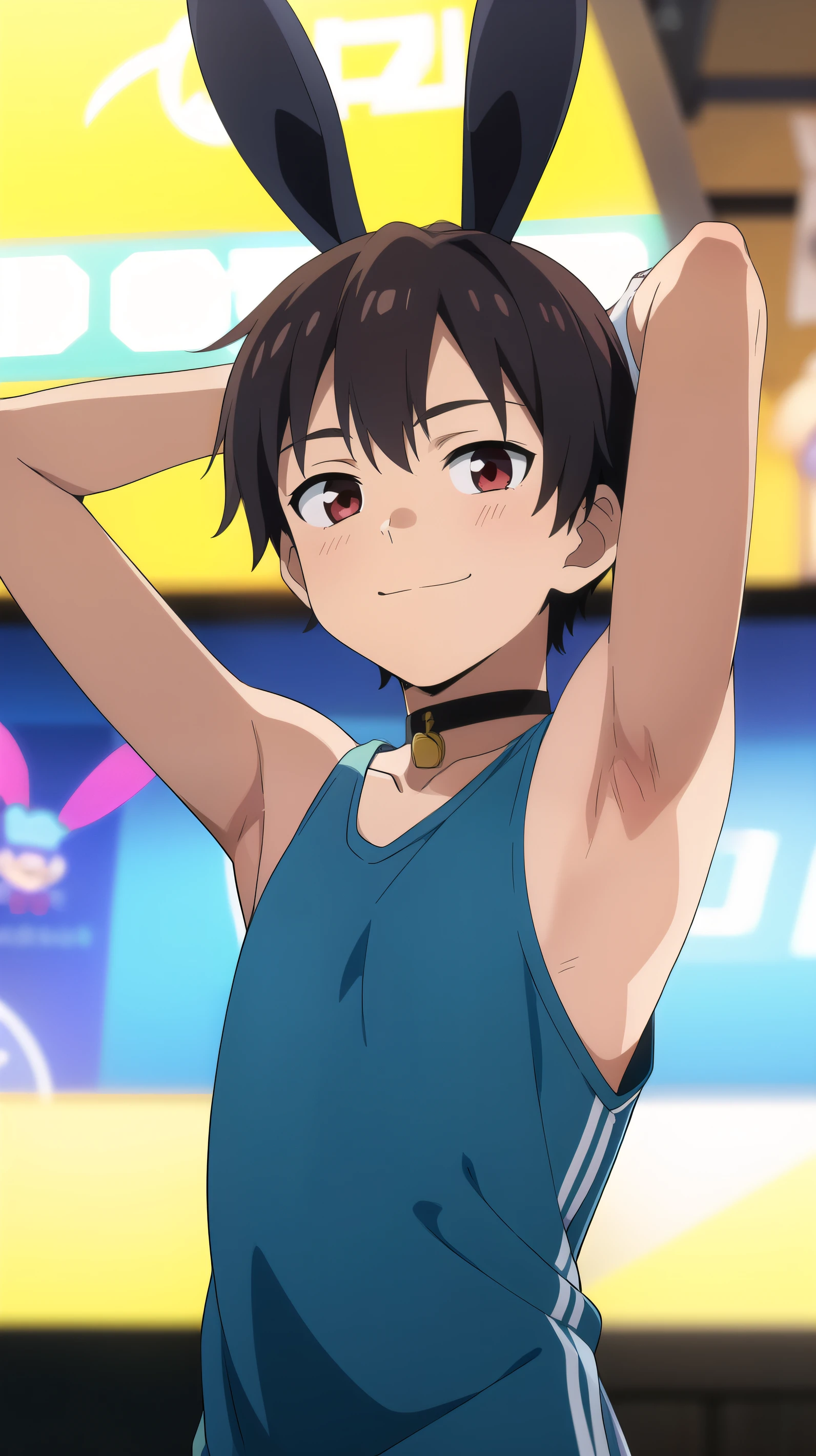 Highres, Masterpiece, Best quality at best,Best Quality,hight quality, hight detailed, Anime style, 1boy, Boy,  boy, Shota, Bunny boy, Bunny ear, Solo person, Tank top, Choker, soccer, day, Slim body, smile, Body, blurry background, Seen from the front, The armpits of a 12 yeaAdorable little armpits, (Showing armpit:1.3), (very young boy), l and short body), Age 12,Uhd, bokeh