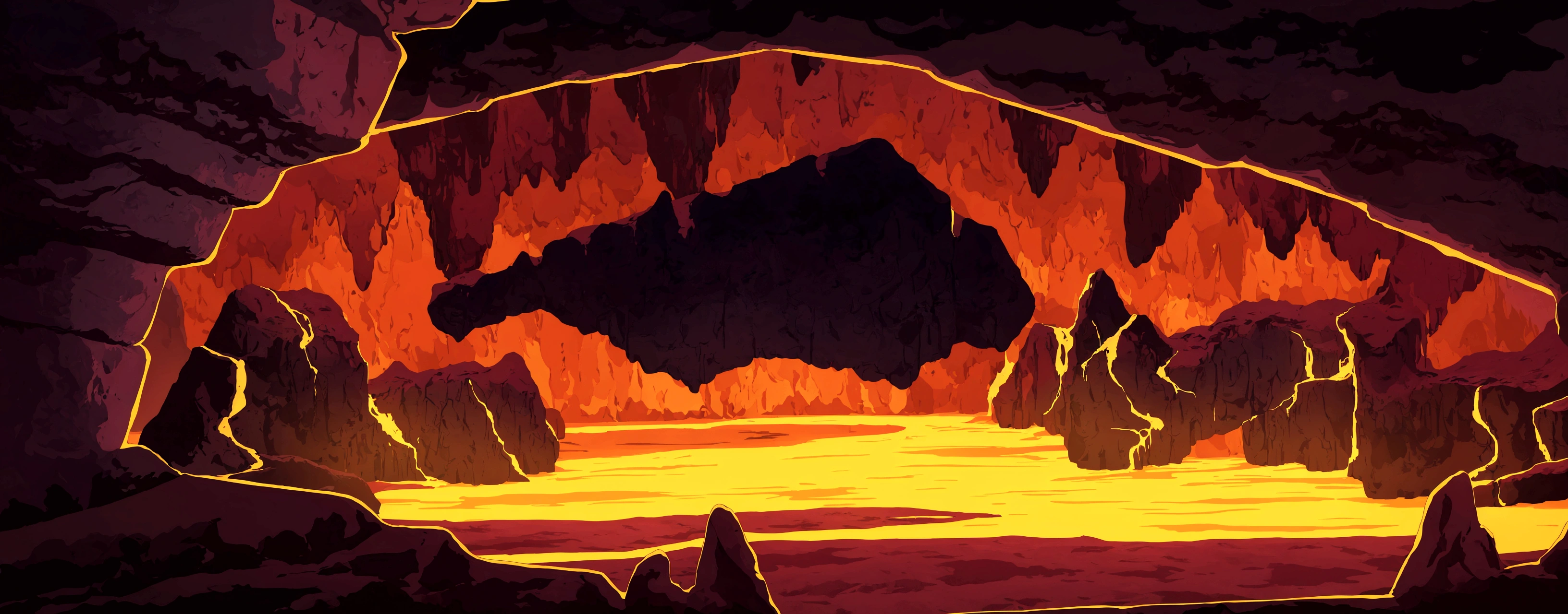 cartoon illustration of a cave with a fire inside, cave background, background of a lava river, background artwork, dark volcano background, volcanic workshop background, background art, mobile game background, 2 d game art background, mythical gigantic space cavern, dark gloomy cave background, cave glowing stones, volcano background, game background, 2d game background, glowing crystal cave