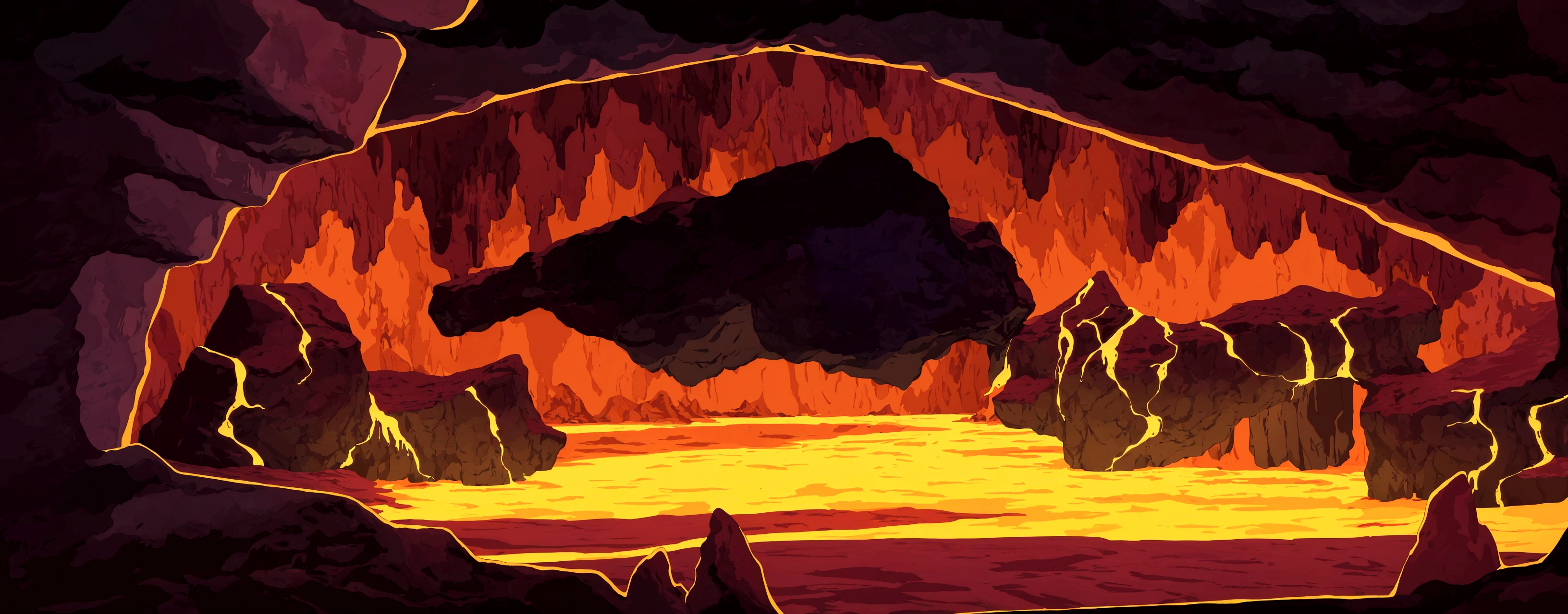 cartoon illustration of a cave with a fire inside, cave background, background of a lava river, background artwork, dark volcano background, volcanic workshop background, background art, mobile game background, 2 d game art background, mythical gigantic space cavern, dark gloomy cave background, cave glowing stones, volcano background, game background, 2d game background, glowing crystal cave