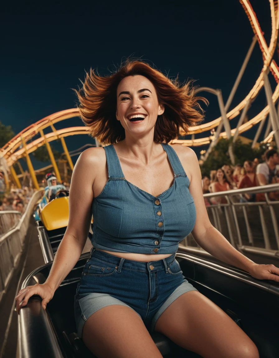 (photorealistic), masterwork, intricate details, trending on art station, epic, (cinematic still), kodachrome. (A night-time scene in an amusement park), (dynamic camera angle: 1.5), ((((woman riding a rollercoaster)))), (Dynamic pose) , sense of motion and speed. Excitement. Blurry background. Her hair flowing in the wind as the car plunges forward. A beautiful 35-year old British woman, (mature), wearing a (linen top and denim shorts) , she has pale skin and freckles, reddish-brown hair, long bob hairstyle, Slight smile. black eyebrows, strong eyebrows, high cheekbones, brown eyes, downturned eyes, huge breasts, mature female, plump belly