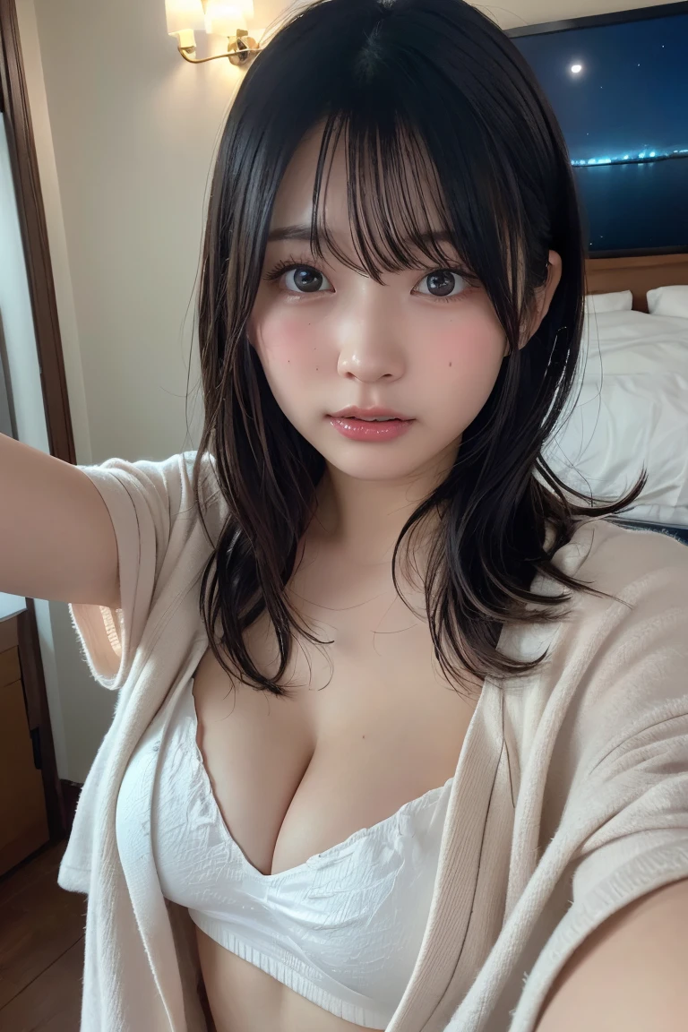 (8K, RAW Photos, Highest quality, High resolution: 1.1), (ultra Realistic: 1.4), (Realistic, Realistic: 1.3), The Beauty of Japan, pajamas, ((Upper Body: 1.3)) High resolution, Realistic image of a Japanese woman with short hair, She has big breasts and red cheeks, Look at that, Embarrassed look, While taking a selfie. Her smartphone is close to her face. She appears to be live streaming from her home., Spread on the bed, With a blanket over my chest.、深night、night、Upper Bodyは、Nipples sticking out、Erect nipples、Embarrassing