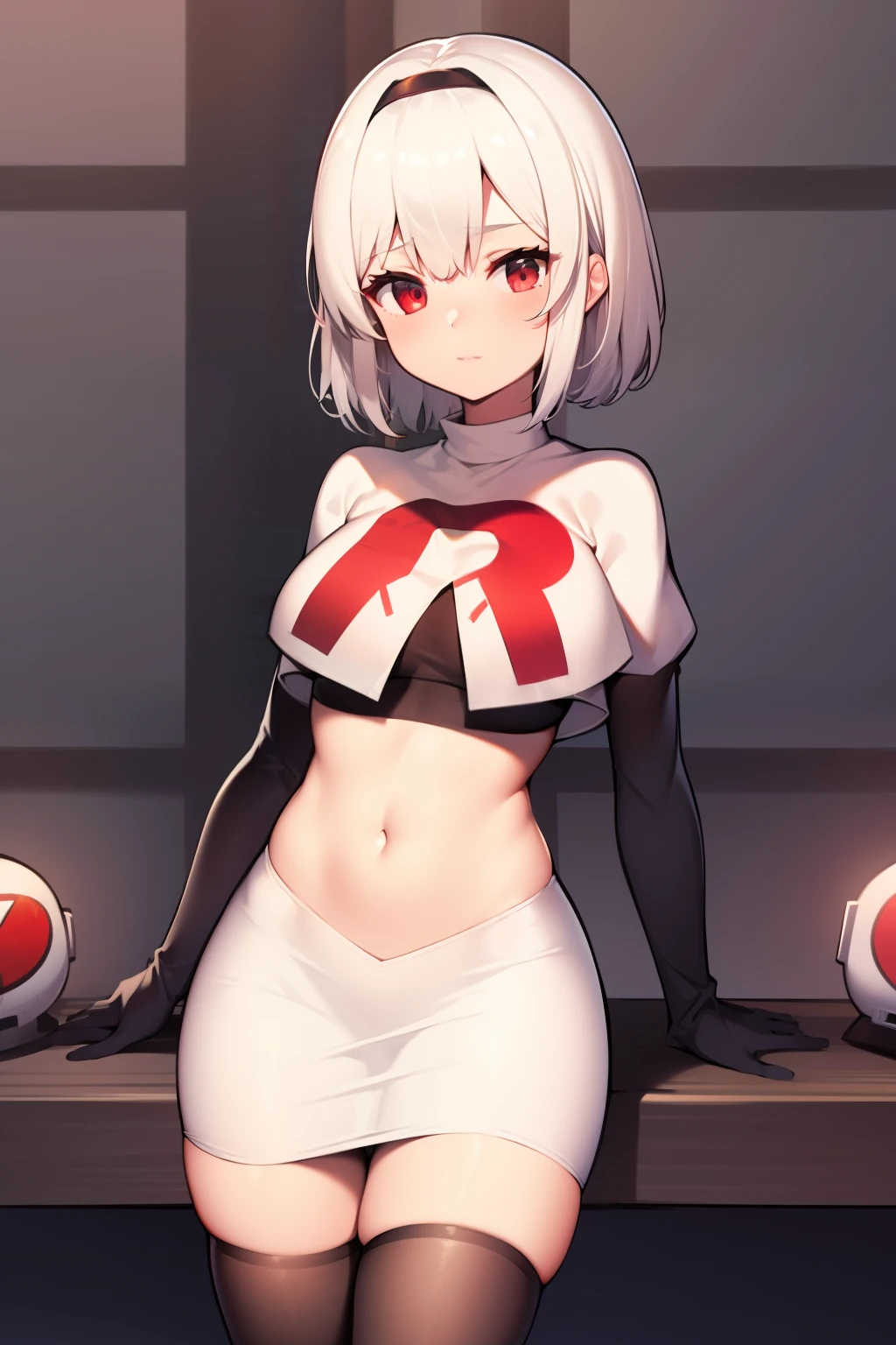 sirius (azur lane),white hair,red eyes,1girl,short hair,headband,team rocket,team rocket uniform,white skirt,red letter R,crop top,black thigh-highs,black elbow gloves