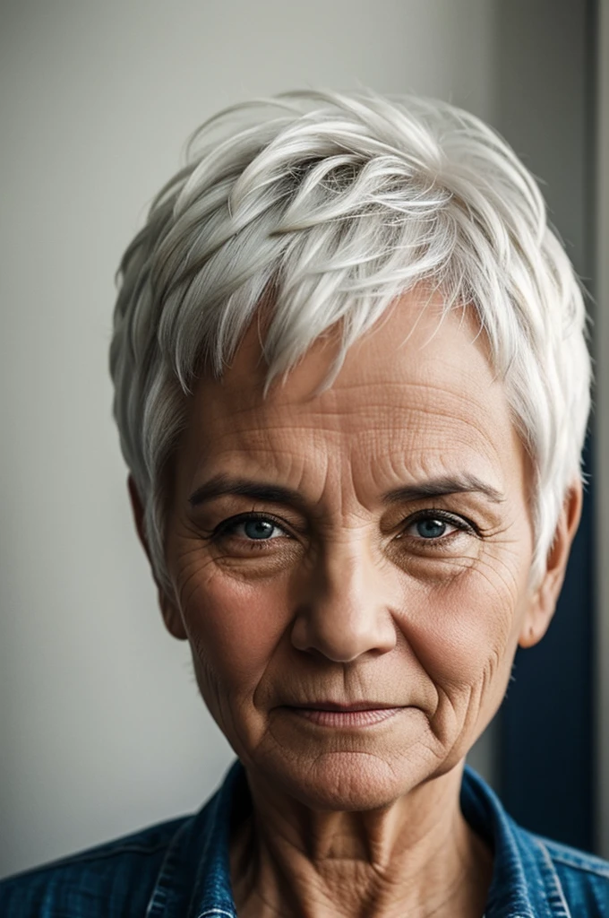 A 50-year-old lady with short white hair, photography type, let only his face be seen