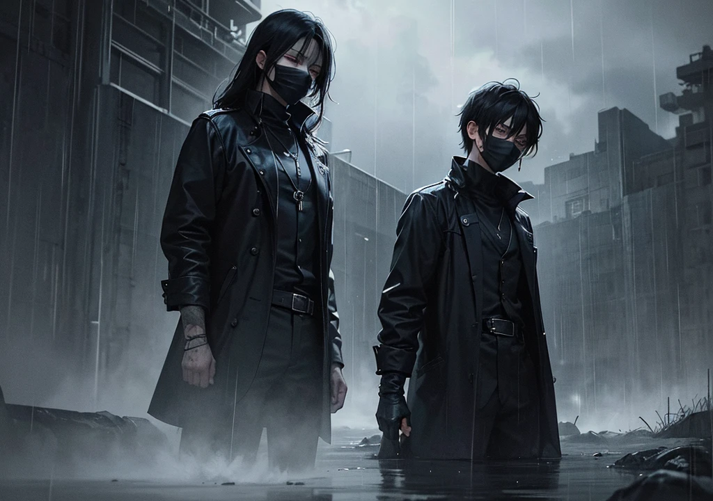 "Create an anime-style image that captures the emotional depth and contrasting themes of the song. The scene should feature a dark, rainy urban environment with deep shadows and muted colors. In the foreground, a character with visible red scars on their wrists stands in a contemplative pose, half-hidden in the shadows. Their face is partially obscured by a mask, symbolizing the duality of their public facade and private pain. Surrounding them, incorporate subtle, moody lighting and rain effects to evoke a sense of inner turmoil and silent screams. The overall aesthetic should blend traditional anime art with a melancholic and dark, yet visually striking atmosphere."