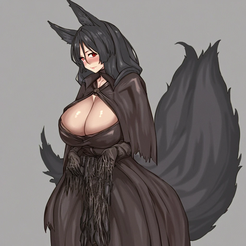 Beautiful black Kitsune, red eyes, highly detailed face, highly detailed eyes, ,  figure, mature woman, several black kitsune tails, soft long Black Kitsune ears, Wearing Hunter outfit (Bloodborne), wide waist
