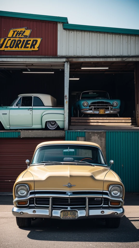 there are two cars parked in front of a garage with a truck, a portrait by Matt Cavotta, unsplash, lowbrow, lowrider style, swagger! lowrider culture, lowriders, standing in front of lowrider, restomod, front profile shot, front profile, long front end, classic cars, kodakchrome : : 8 k
