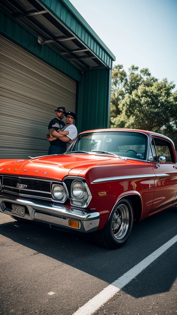 there are two cars parked in front of a garage with a truck, a portrait by Matt Cavotta, unsplash, lowbrow, lowrider style, swagger! lowrider culture, lowriders, standing in front of lowrider, restomod, front profile shot, front profile, long front end, classic cars, kodakchrome : : 8 k