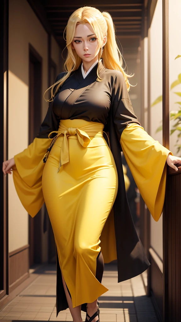 A blonde woman, green eyes, joile, generous shapes, dressed in a beautiful yellow kimono, Jujutsu Kaisen universities, oc