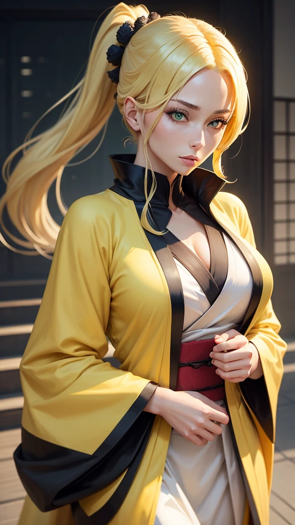 A blonde woman, green eyes, joile, generous shapes, dressed in a beautiful yellow kimono, Jujutsu Kaisen universities, oc