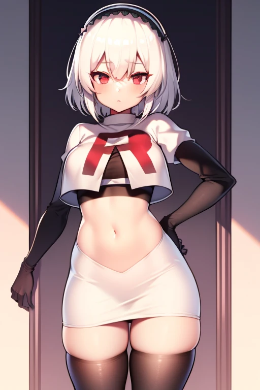 sirius (azur lane),white hair,red eyes,1girl,short hair,headband,team rocket,team rocket uniform,white skirt,red letter R,crop top,black thigh-highs,black elbow gloves