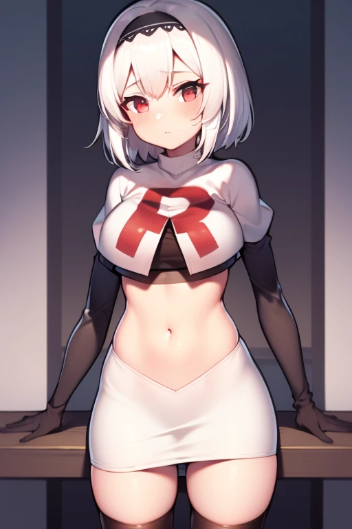 sirius (azur lane),white hair,red eyes,1girl,short hair,headband,team rocket,team rocket uniform,white skirt,red letter R,crop top,black thigh-highs,black elbow gloves