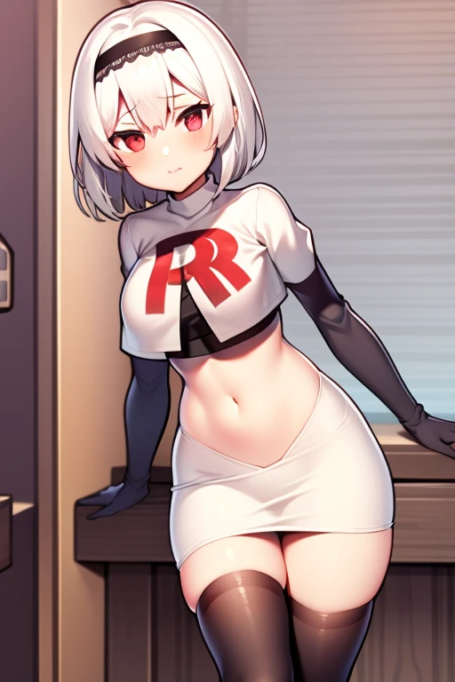 sirius (azur lane),white hair,red eyes,1girl,short hair,headband,team rocket,team rocket uniform,white skirt,red letter R,crop top,black thigh-highs,black elbow gloves