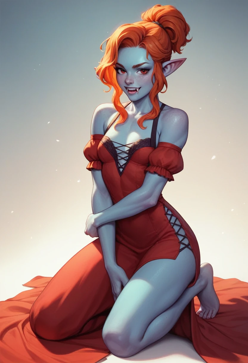 A young woman with small breasts, azure-blue skin, pixie-sharp ears, and a toned athletic build. Her prominent fangs and piercing red eyes complete her striking appearance. Her long ginger hair is pulled back in a ponytail. She's wearing a blouse and a long dress. The blouse fits snugly around her, completely covering her arms. The dress falls all the way down to her feet, giving her looks a touch of elegance and grace while remaining practical for adventurous lovers. In this outfit, sophistication is combined with a touch of unearthly charm