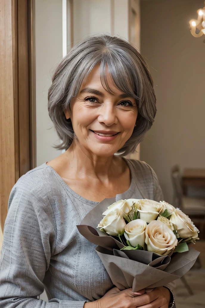a 50 years old woman gray hair holding a bouquet of flowers smiling to the camera