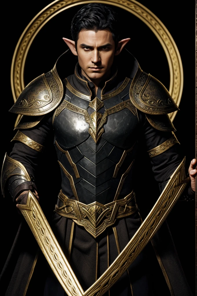 Elf man, king of darkness, black armour, black messy short hair, gold eyes