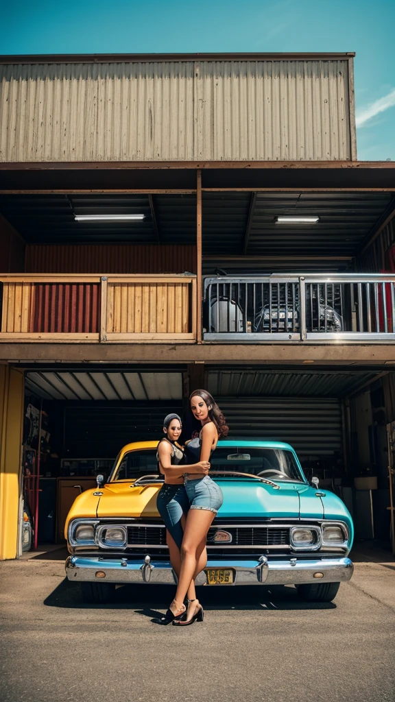 there are two cars parked in front of a garage with a truck, lowrider style, swagger! lowrider culture, lowriders, standing in front of lowrider, restomod, front profile shot, front profile, long front end, classic cars, by Matt Cavotta, kodakchrome : : 8 k, wide long shot, by Jay Hambidge
