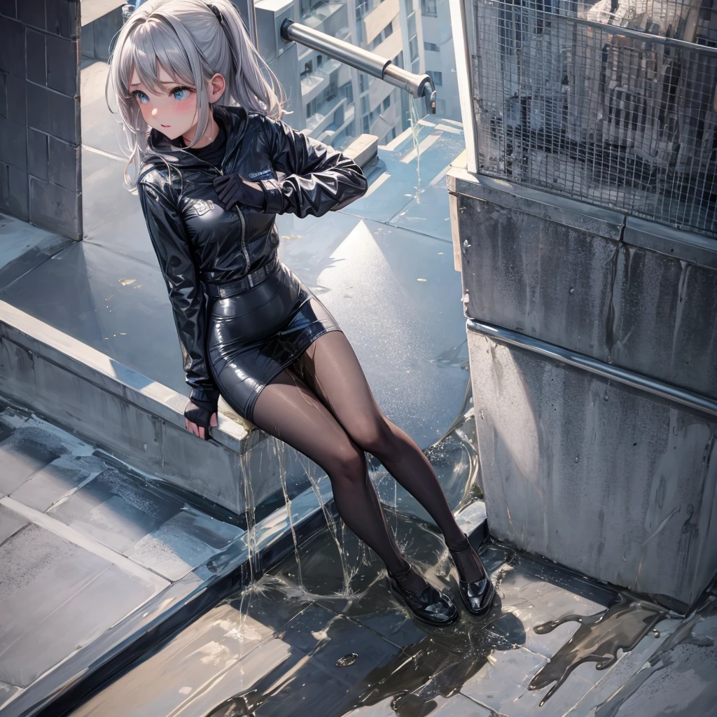 The girl peed in a sexy silver latex Pencil Skirt. and tights. Wet pantyhose, urine flows down your legs