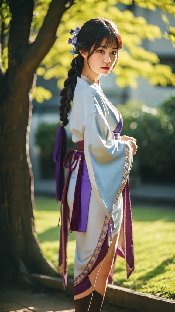 A adult woman in realistic portrait of high quality and detail, Raiden Shogun (Genshin Impact), movie style, beautiful 40 years old japanese mature woman, dark and mysterious atmosphere, pale skin, glow, eye shadow, 1girl, thriller fantasy, Depth & Perspective, sadness on her face, an adult girl with long dark hair braided in a braid, her hair has an ombre and its color translates to lilac by the end of the braid. Her head is decorated with a gold hairpin with blue flowers and a fan. Her light-colored kimono-like dress has a short skirt, long tails and long sleeves like furisode's. The back of the floor and the lower part of the sleeve are painted with patterns of various shades of purple and gold. Unlike her right sleeve, which develops freely, the left one is rolled up and fixed with a braided cord under a black shoulder pad. A wide wine-colored obi belt is tied at the back in a double tatei-musubi knot, resembling a large complex bow tilted to the right, and fastened with a gold fan-shaped decoration with a round purple stone having the Electro symbol. A decorative knot with tassels and a brooch is attached to the purple obi-jime cord tied over the obi. She also wears dark purple stockings up to mid-thigh with a split thumb, which makes them look like traditional Japanese tabi socks. Her shoes are wooden sandals with high heels. There is a decoration with two blue flowers on the right ankle. Mystical powers, fine face, standing in the room, outside, the japanese royal palace on the background, blue sky, white cloud, looking at viewer, (ultra-high detail:1.2), Masterpiece, Best Quality, Ultra-detailed, Cinematic lighting, 8K, delicate features, cinematic, 35 mm lens, f/1.9, highlight lighting, global lighting –uplight –v 4, cinematic, intense gaze, Cinematic lighting, 8K, high quality, Highest Quality, (Solo Focus), (extremly intricate:1.3), (Realistic), dramatic, masterful, Analog style, (Film grain:1.5), (warm hue, cold tone),