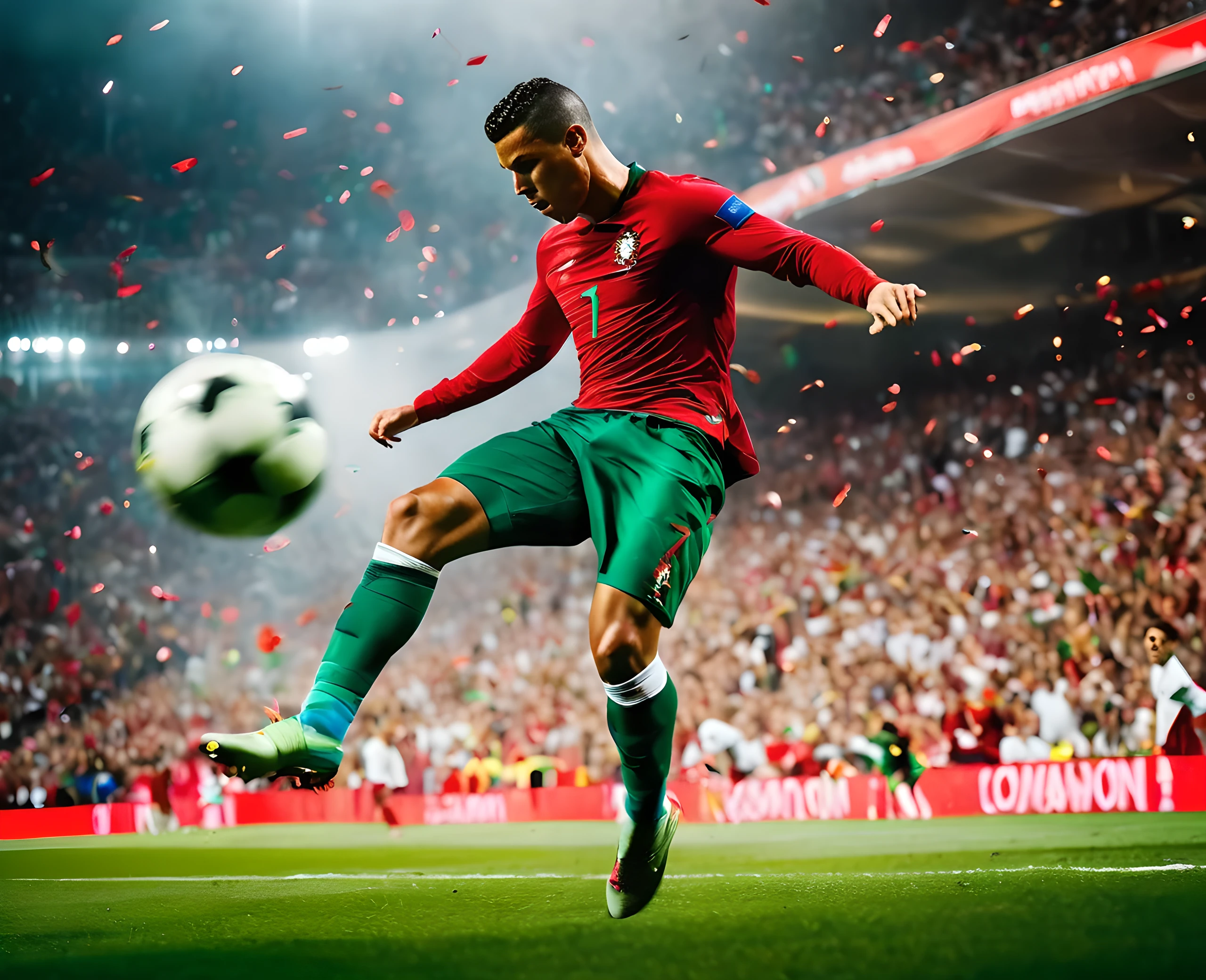 Cinematic portrait photo of Ronaldo scoring for Portugal, european soccer, depth of field, bokeh, sports photography, Action packed moment, dynamic, Intense competition, exciting movement, showing skill, transmitting energy, adrenaline-charged images, immersive experience, tell stories through action, dramatic composition, showing passion, capturing decisive moments, vibrant colors, dynamic composition, powerful images, Attractive outlook, realist