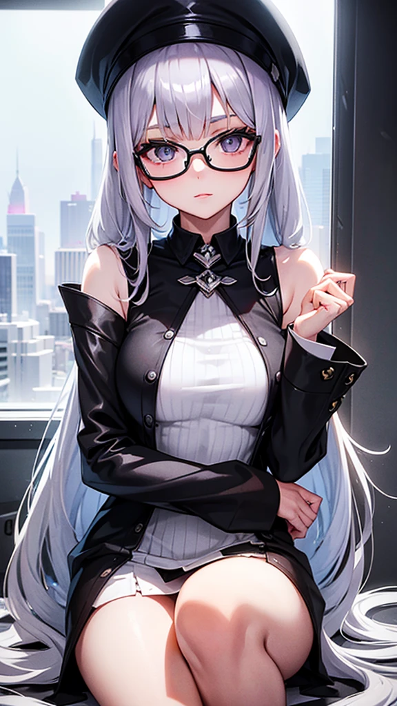 1girl, Pale skin, Cabello largo y ondulado blanco, Bata, pechos grandes, gafas, pantalones negros, Botas marrones, black nails, cuernos de demonio negro, Alas de Demonio Negro, pose sexy, etapa de laboratorio