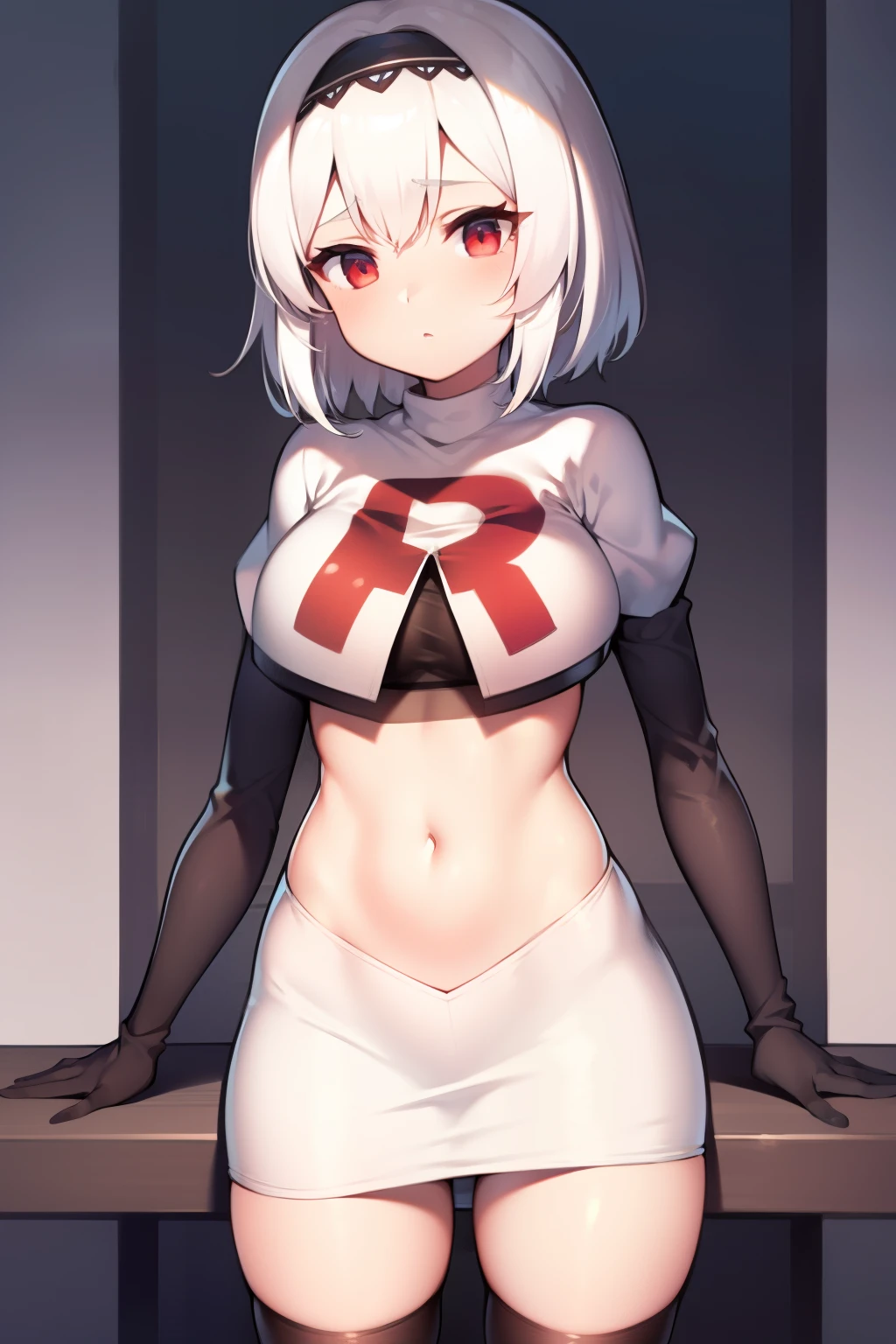 sirius (azur lane),white hair,red eyes,1girl,short hair,headband,team rocket,team rocket uniform,white skirt,red letter R,crop top,black thigh-highs,black elbow gloves