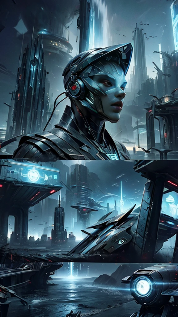 cyber punk, futurist, mechanical aesthetics, complex machinery, high-tech lighting scene of futurist city in the background, virtual engine 5,