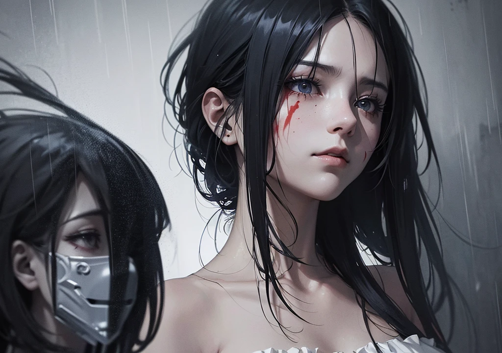 "Create an anime-style image that captures the emotional depth and contrasting themes of the song. The scene should feature a dark, rainy urban environment with deep shadows and muted colors. In the foreground, a character with visible red scars on their wrists stands in a contemplative pose, half-hidden in the shadows. Their face is partially obscured by a mask, symbolizing the duality of their public facade and private pain. Surrounding them, incorporate subtle, moody lighting and rain effects to evoke a sense of inner turmoil and silent screams. The overall aesthetic should blend traditional anime art with a melancholic and dark, yet visually striking atmosphere."