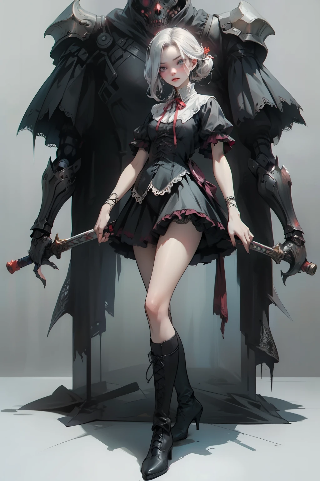 ((best quality)), ((masterpiece)), (detailed), blank white background, plain background, white background, red and white clothing, Bloodborne inspired, occult aesthetic, occult, detailed and intricate steampunk and detailed gothic, NSFW, Very dramatic and cinematic lighting, cosmic horror, grim-dark, side-lighting, perfect face, NSFW, Fluttering lace flared long knee length dress with frilly petticoats, knee length dress, pleated petticoats, ta dress, petticoats gothic lolicomplex lace boots, side-lighting, gothic lolita aetic, wielding a mighty sword with mechanical components, carbine, NSFW, beautiful small breasts, small breasts, full body, whole body, body, plain background, white background, blank background, no background, white background NSFW, full body, whole body, head-to-toe NSFW